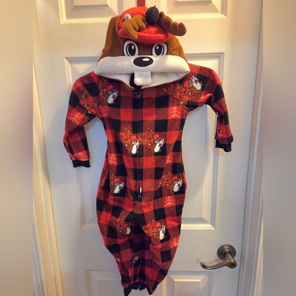 Buc-ee's Beaver Antlered Kids Hooded Plaid Fleece 1-Pc Pajamas Size 3T